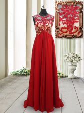 Elegant Scoop Backless Chiffon Sleeveless Homecoming Dress Brush Train and Appliques