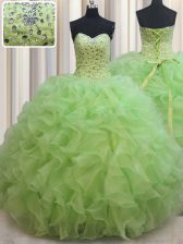 Elegant Yellow Green Ball Gowns Organza Sweetheart Sleeveless Beading and Ruffles Floor Length Lace Up Quinceanera Gowns