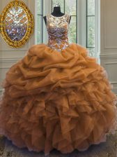 Modest Scoop Brown Organza Lace Up 15th Birthday Dress Sleeveless Floor Length Beading and Ruffles and Pick Ups