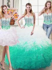  Three Piece Floor Length White and Green Quinceanera Gown Organza Sleeveless Beading and Ruffles