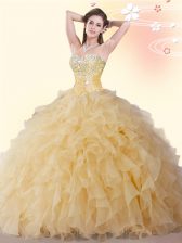  Floor Length Ball Gowns Sleeveless Gold Quince Ball Gowns Lace Up