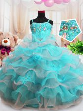  Ruffled Floor Length Aqua Blue Girls Pageant Dresses Spaghetti Straps Sleeveless Zipper