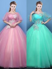 Sumptuous Scoop Floor Length Ball Gowns Half Sleeves Pink and Turquoise 15th Birthday Dress Lace Up