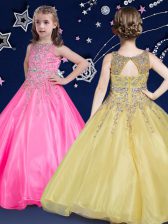  Hot Pink Ball Gowns Scoop Sleeveless Organza Floor Length Zipper Beading Girls Pageant Dresses