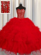  Visible Boning Floor Length Red Quinceanera Gowns Sweetheart Sleeveless Lace Up