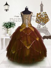  Tulle Straps Sleeveless Lace Up Beading and Belt Little Girls Pageant Gowns in Brown
