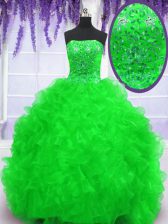 Designer Sleeveless Organza With Brush Train Lace Up 15 Quinceanera Dress in with Beading and Appliques and Ruffles