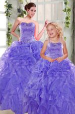  Lavender Strapless Lace Up Beading and Ruffles Ball Gown Prom Dress Sleeveless