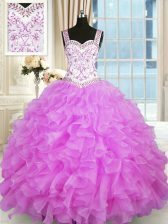 Unique Lilac Sleeveless Floor Length Beading and Ruffles Lace Up Sweet 16 Dresses