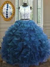 Dazzling Scoop Sleeveless Floor Length Beading and Lace and Ruffles Clasp Handle 15 Quinceanera Dress with Blue