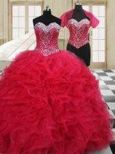  Red Sleeveless Beading Floor Length Quinceanera Gowns