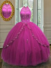 Fabulous Floor Length Fuchsia Quinceanera Gown High-neck Sleeveless Lace Up