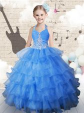  Ruffled Ball Gowns Little Girls Pageant Dress Light Blue Halter Top Organza Sleeveless Floor Length Lace Up