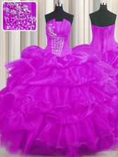  Lilac Ball Gowns Organza Strapless Sleeveless Beading and Ruffled Layers and Pick Ups Floor Length Lace Up Quince Ball Gowns