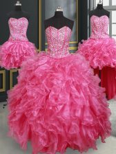  Four Piece Sweetheart Sleeveless Quinceanera Dress Floor Length Beading and Ruffles Hot Pink Organza