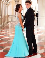 Spectacular Mermaid Blue V-neck Neckline Beading Prom Dresses Sleeveless Zipper
