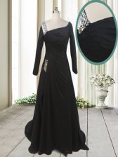 Exceptional Chiffon Asymmetric Long Sleeves Sweep Train Side Zipper Beading Prom Party Dress in Black