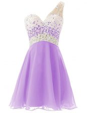 One Shoulder Sleeveless Criss Cross Knee Length Beading Homecoming Dress