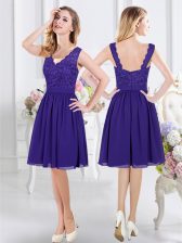  Sleeveless Knee Length Lace Zipper Dama Dress with Purple