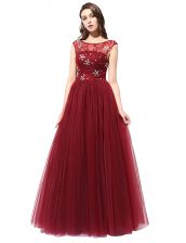  Scoop Tulle Sleeveless Floor Length Dress for Prom and Beading