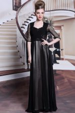 Dazzling Pleated Empire Evening Dress Black V-neck Chiffon Half Sleeves Floor Length Zipper