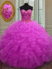 Modern Fuchsia Organza Lace Up 15 Quinceanera Dress Sleeveless Floor Length Beading and Ruffles