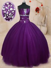 Sexy Dark Purple Strapless Lace Up Beading Quinceanera Gowns Sleeveless