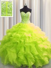  Visible Boning Yellow Green Sweetheart Lace Up Beading and Ruffles Sweet 16 Dress Sleeveless