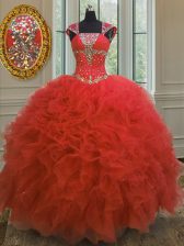 Custom Fit Coral Red Straps Lace Up Beading and Ruffles and Sequins 15 Quinceanera Dress Cap Sleeves