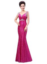 Fantastic Sequins Column/Sheath Fuchsia V-neck Sequined Sleeveless Floor Length Zipper