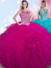 Glorious Halter Top Fuchsia Sleeveless Beading Floor Length Vestidos de Quinceanera