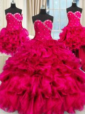 Best Four Piece Hot Pink Sweetheart Neckline Beading and Ruffles and Ruching 15th Birthday Dress Sleeveless Lace Up