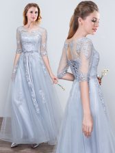 Modest Scoop Short Sleeves Grey Half Sleeves Appliques and Belt Floor Length Court Dresses for Sweet 16