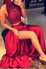 Best Halter Top Red A-line Beading Prom Dresses Backless Satin Sleeveless Floor Length