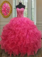  Sleeveless Organza Floor Length Lace Up Quince Ball Gowns in Hot Pink with Beading and Ruffles