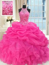 Noble See Through Beaded Bodice Hot Pink Ball Gowns Organza High-neck Sleeveless Beading and Ruffles and Pick Ups Floor Length Lace Up Quinceanera Dress