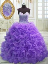 High Class Organza Sleeveless Quinceanera Gown Sweep Train and Beading and Ruffles