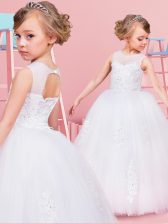 Enchanting White Ball Gowns Scoop Sleeveless Tulle Floor Length Lace Up Beading and Lace and Appliques Flower Girl Dress