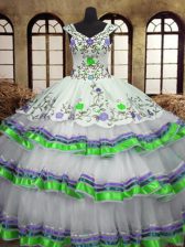  Ruffled Straps Sleeveless Lace Up Vestidos de Quinceanera White Organza and Taffeta