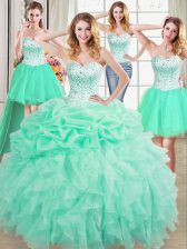 Excellent Four Piece Apple Green Organza Lace Up Sweetheart Sleeveless Floor Length Quinceanera Dress Beading and Ruffles and Pick Ups