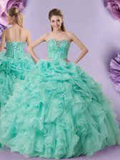  Sleeveless Floor Length Beading and Ruffles and Pick Ups Lace Up 15 Quinceanera Dress with Apple Green