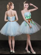  Light Blue A-line Appliques and Belt Prom Evening Gown Lace Up Organza Sleeveless Mini Length