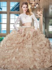 Adorable Champagne Zipper Scoop Beading and Lace and Ruffles 15th Birthday Dress Organza Long Sleeves Brush Train