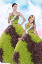 Multi-color Ball Gowns Fabric With Rolling Flowers Strapless Sleeveless Beading and Sequins Floor Length Lace Up Quinceanera Dresses