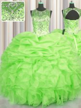 Super See Through Sleeveless Beading and Ruffles and Pick Ups Lace Up Quinceanera Gowns