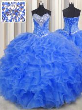 Modern Royal Blue Sweetheart Neckline Beading and Ruffles Sweet 16 Quinceanera Dress Sleeveless Lace Up