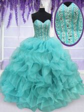 Beautiful Floor Length Lace Up 15 Quinceanera Dress Aqua Blue for Military Ball and Sweet 16 and Quinceanera with Beading and Ruffles