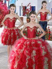 Custom Made Three Piece Sleeveless Floor Length Beading Lace Up Ball Gown Prom Dress with Red