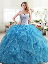  Floor Length Baby Blue 15 Quinceanera Dress Organza Sleeveless Beading and Ruffles