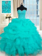 Discount Pick Ups Ball Gowns Quinceanera Gown Turquoise Sweetheart Organza Sleeveless Floor Length Lace Up